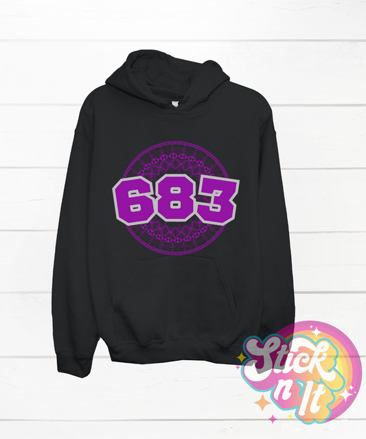 Black hoodie featuring a Polynesian Niue design with area code 683 in purple.