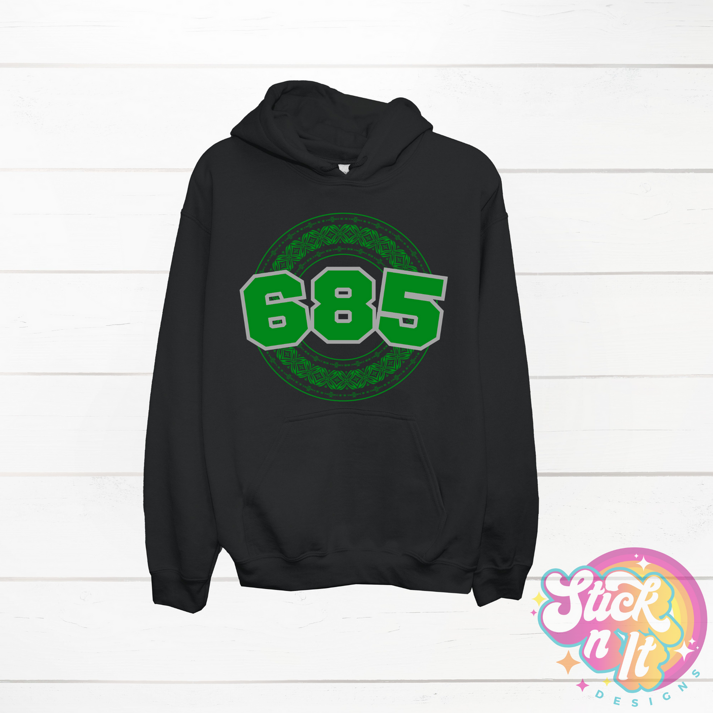 Black hoodie featuring a Polynesian Samoa design with area code 685 in green.