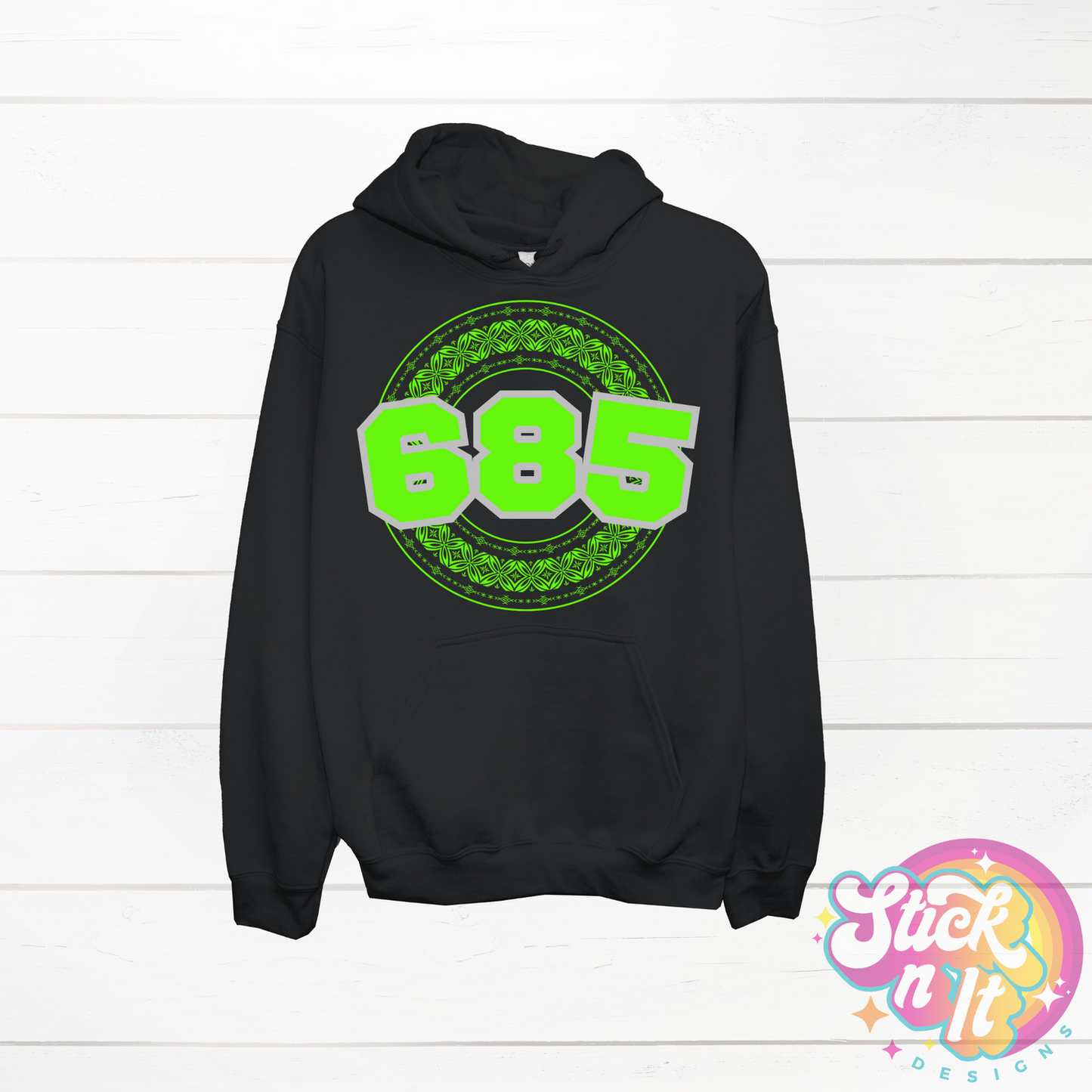 Black hoodie featuring a Polynesian Samoa design with area code 685 in lime.