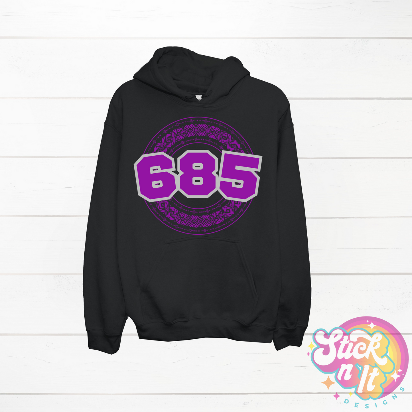 Black hoodie featuring a Polynesian Samoa design with area code 685 in  purple.