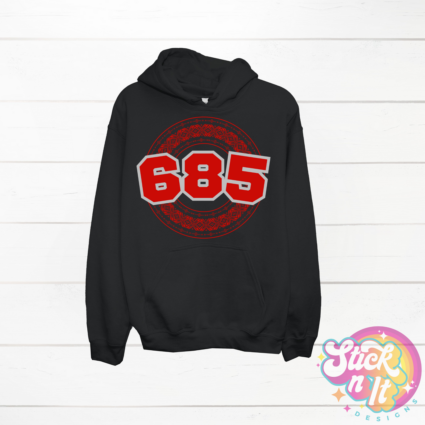 Black hoodie featuring a Polynesian Samoa design with area code 685 in red.