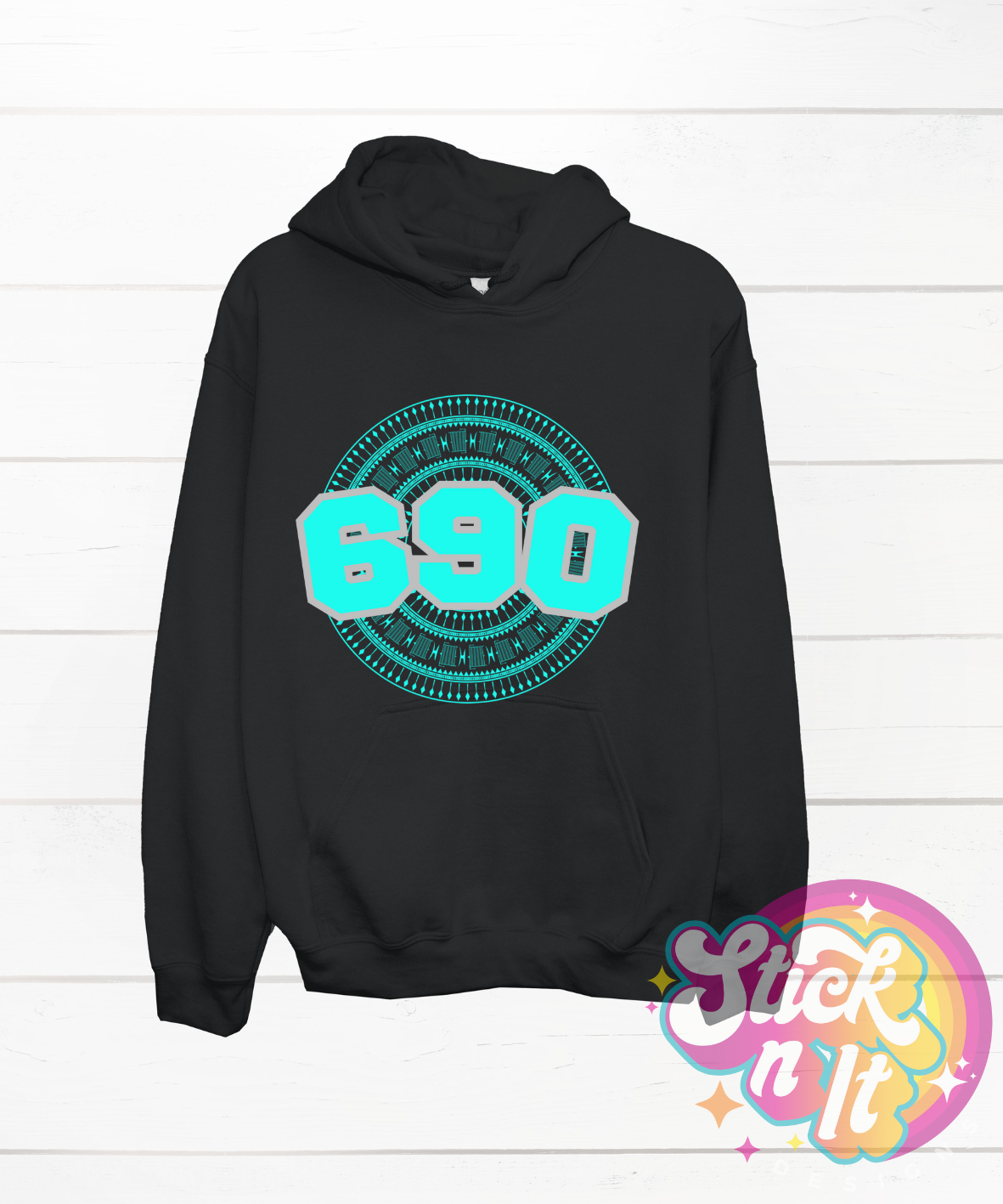 Black hoodie featuring a Polynesian Tokelau design with area code 690 in aqua.