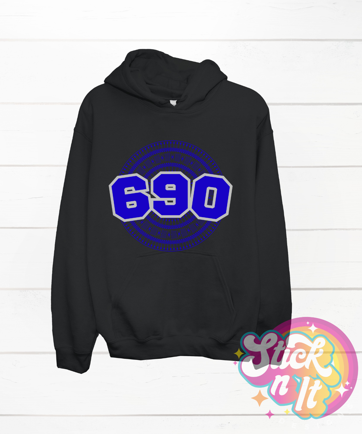 Black hoodie featuring a Polynesian Tokelau design with area code 690 in blue.