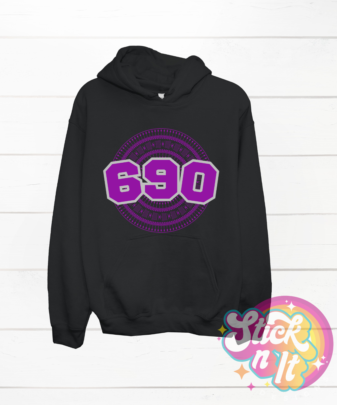 Black hoodie featuring a Polynesian Tokelau design with area code 690 in purple.