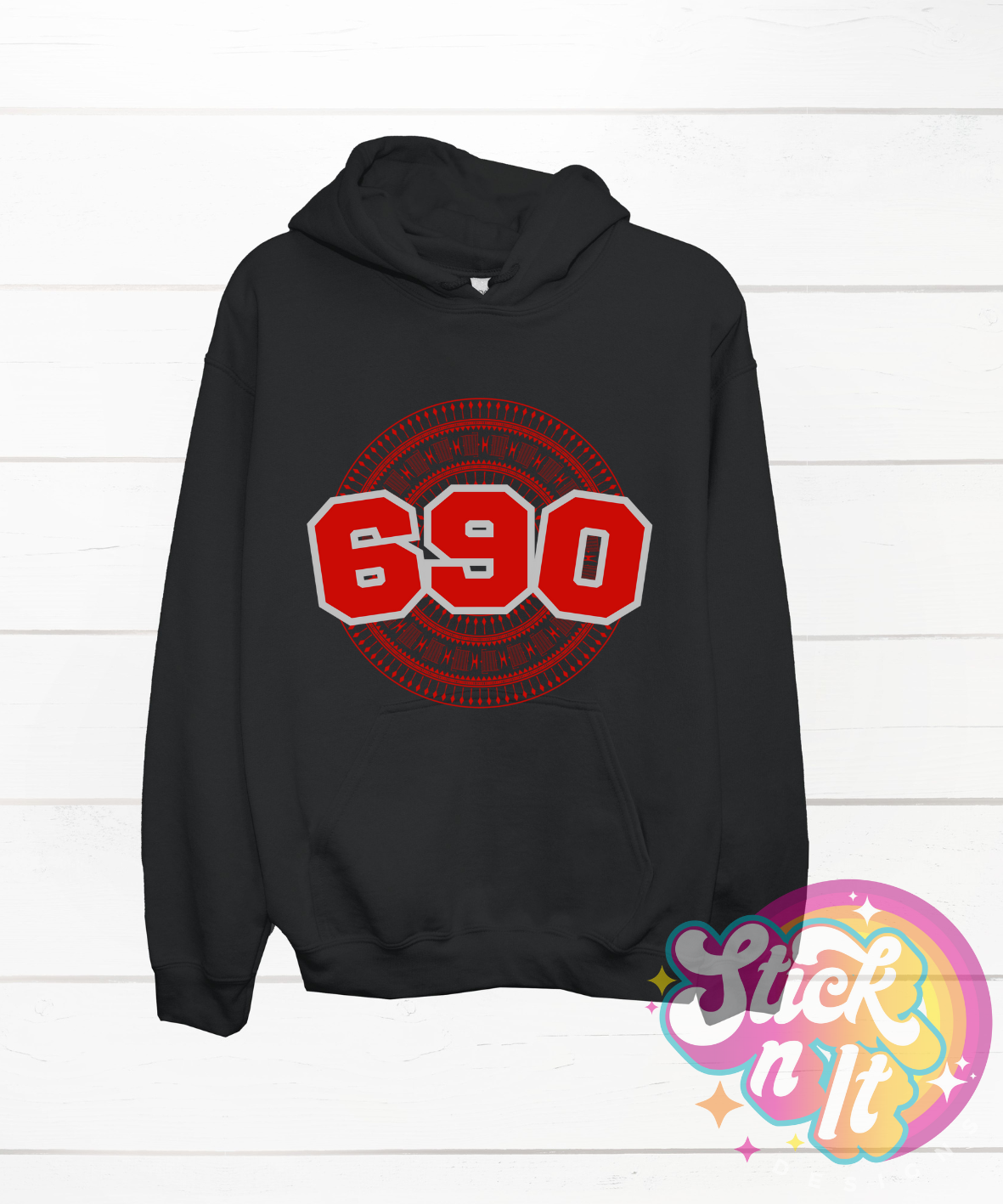 Black hoodie featuring a Polynesian Tokelau design with area code 690 in red.