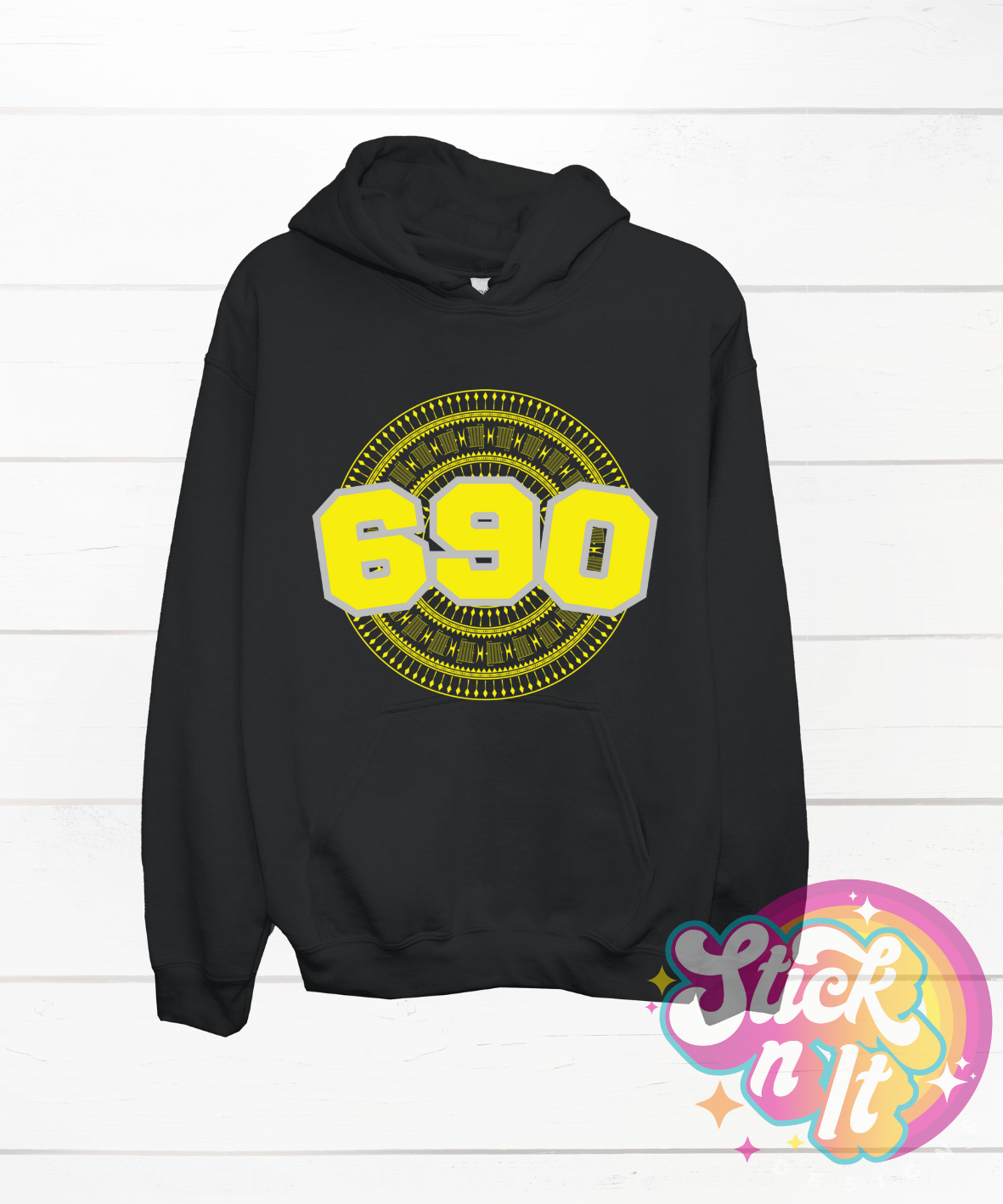 Black hoodie featuring a Polynesian Tokelau design with area code 690 in yellow.