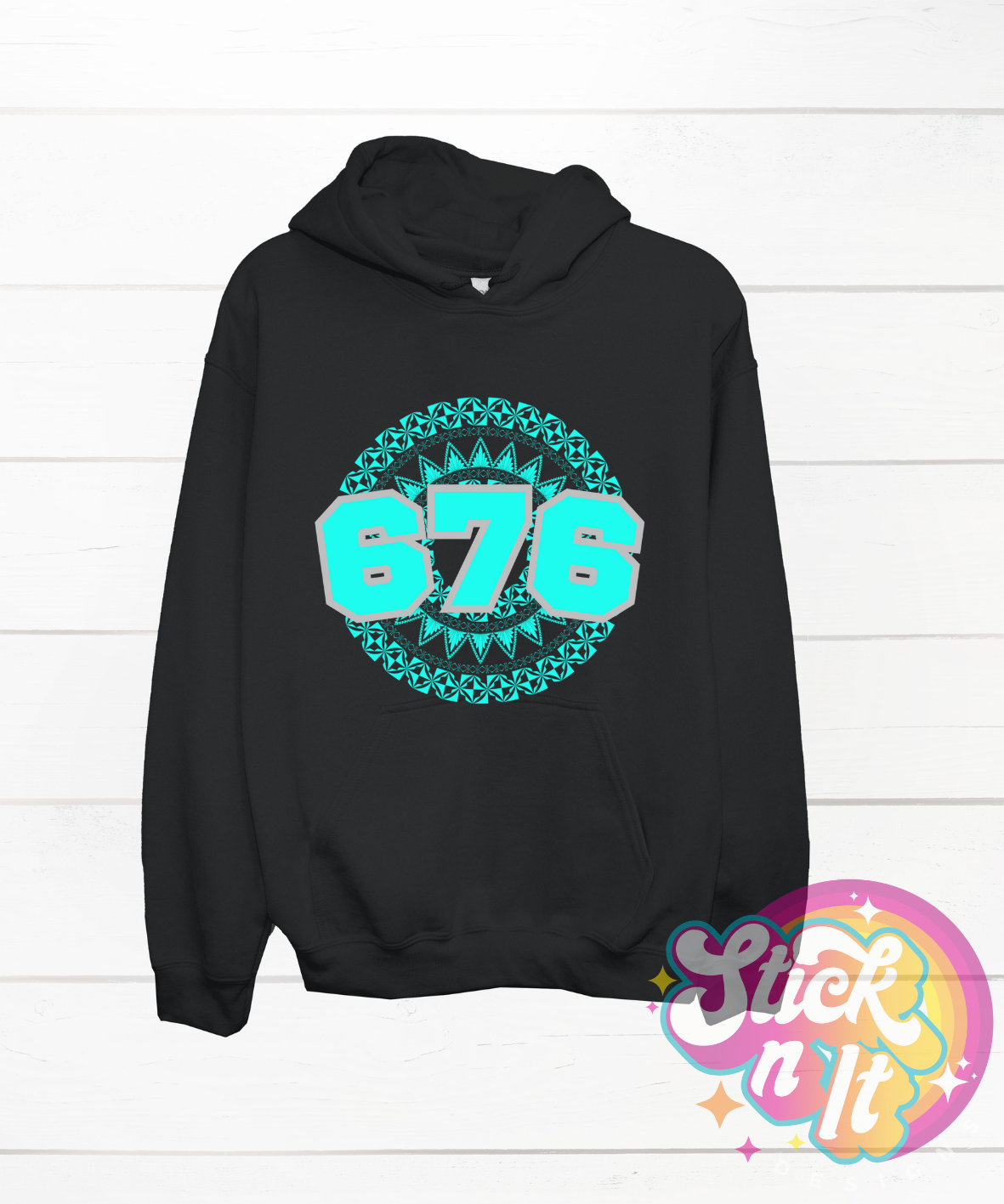 Unisex black hoodie featuring a Polynesian Tonga design with area code 676 in aqua