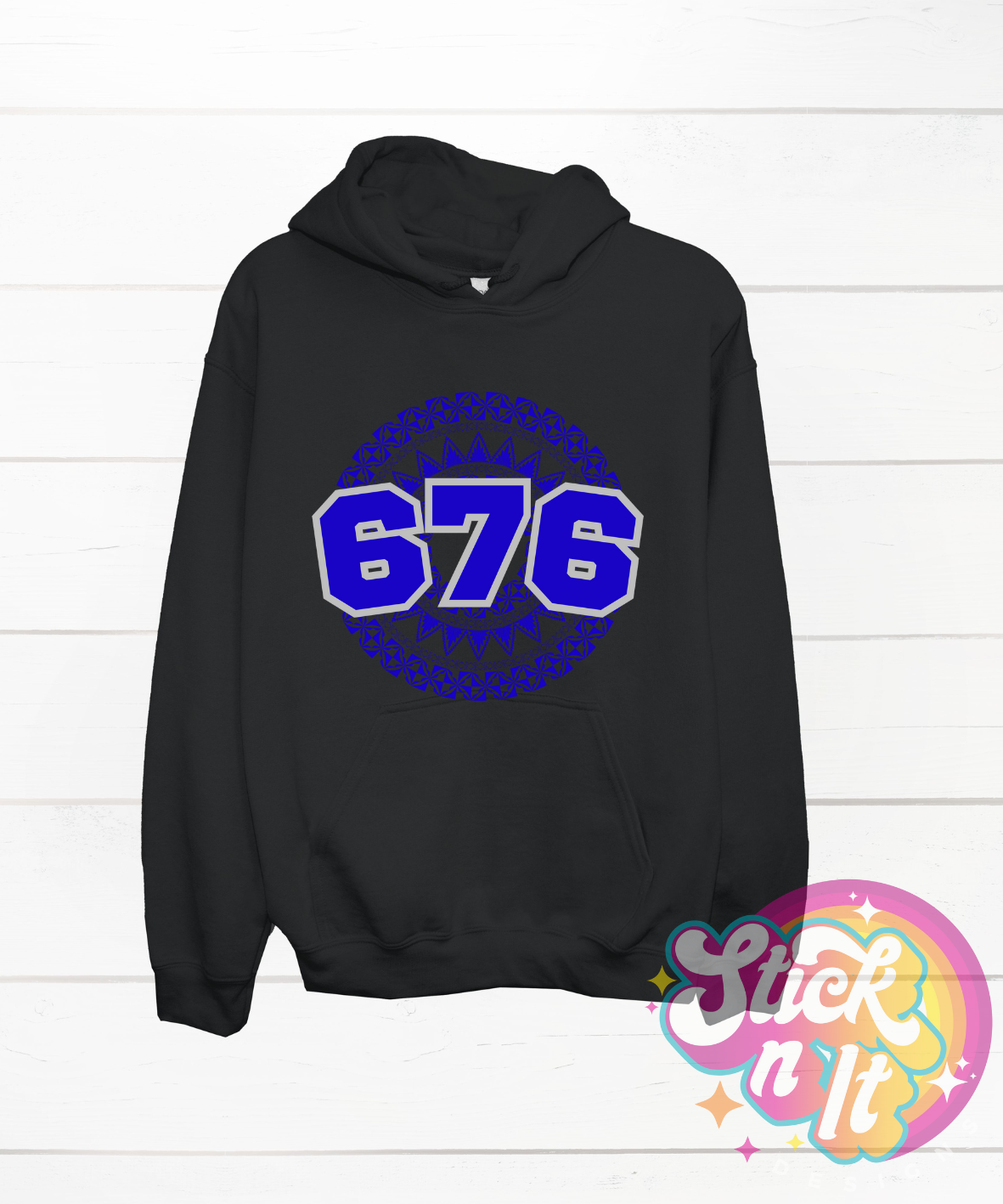 Unisex black hoodie featuring a Polynesian Tonga design with area code 676 in blue