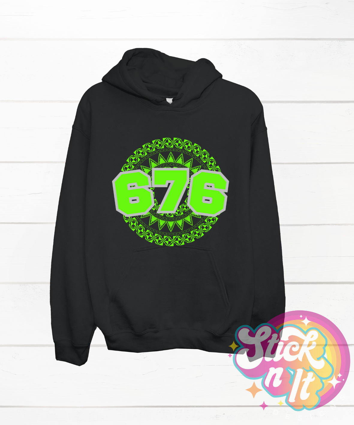 Unisex black hoodie featuring a Polynesian Tonga design with area code 676 in lime