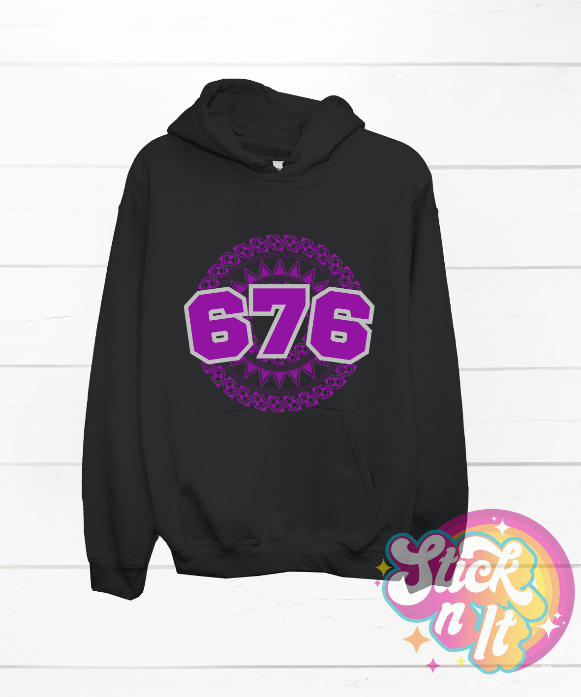 Unisex black hoodie featuring a Polynesian Tonga design with area code 676 in purple