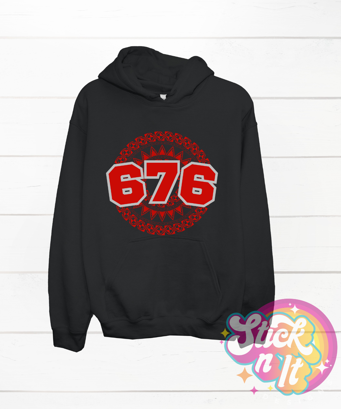 Unisex black hoodie featuring a Polynesian Tonga design with area code 676 in red