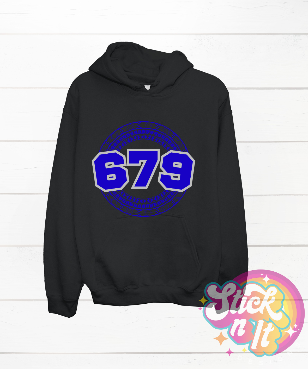 Black hoodie featuring a Pacific Islands Fiji design with area code 679 in blue