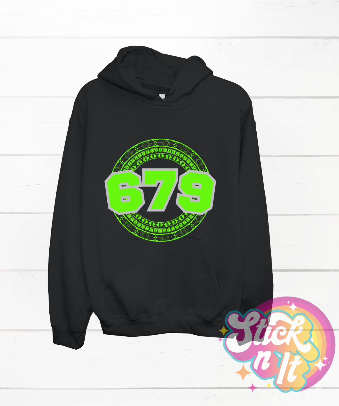 Black hoodie featuring a Pacific Islands Fiji design with area code 679 in lime