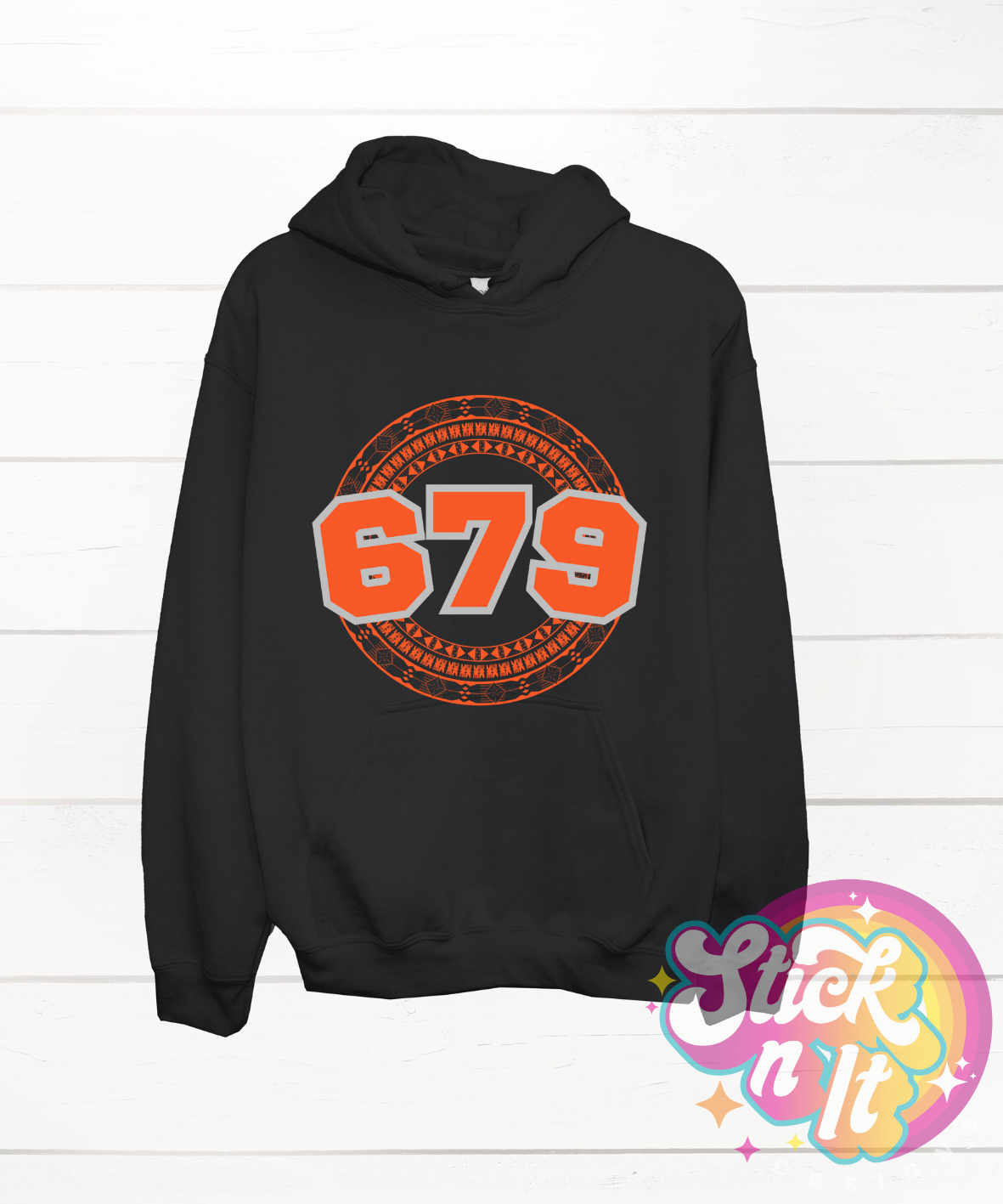 Black hoodie featuring a Pacific Islands Fiji design with area code 679 in orange