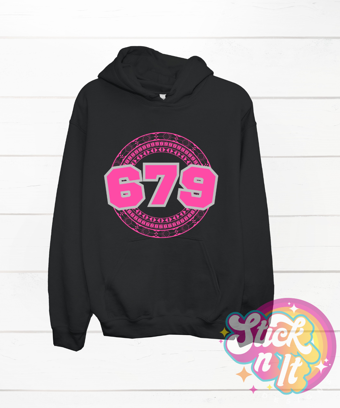 Black hoodie featuring a Pacific Islands Fiji design with area code 679 in pink