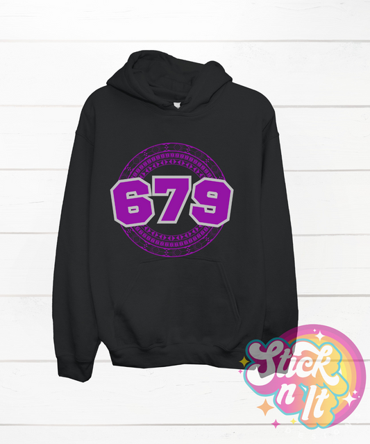 Black hoodie featuring a Pacific Islands Fiji design with area code 679 in purple.