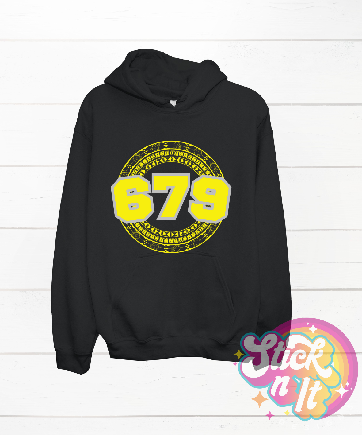 Black hoodie featuring a Pacific Islands Fiji design with area code 679 in yellow