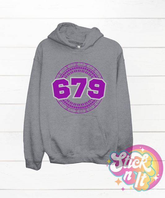 Grey hoodie featuring a Pacific Islands Fiji design with area code 679 in purple.