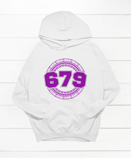 White hoodie featuring a Pacific Islands Fiji design with area code 679 in purple.