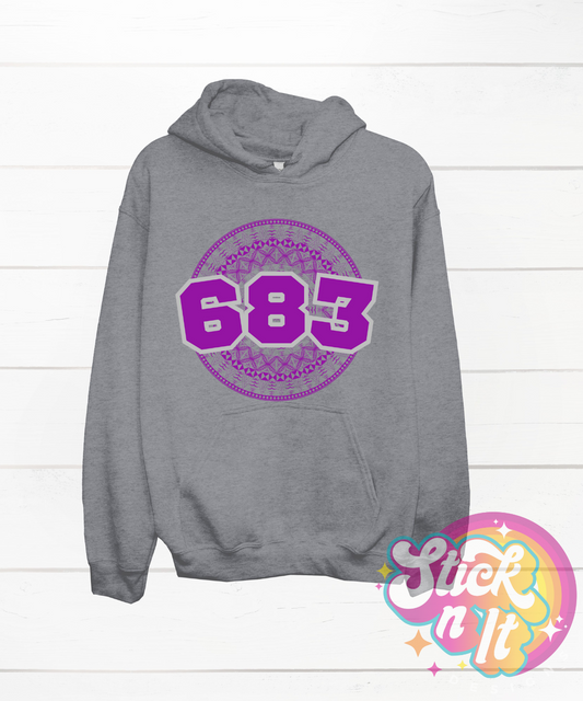 Grey hoodie featuring a Polynesian Niue design with area code 683 in purple.