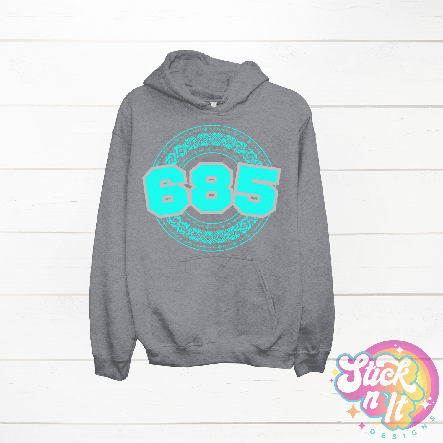 Grey hoodie featuring a Polynesian Samoa design with area code 685 in  aqua.