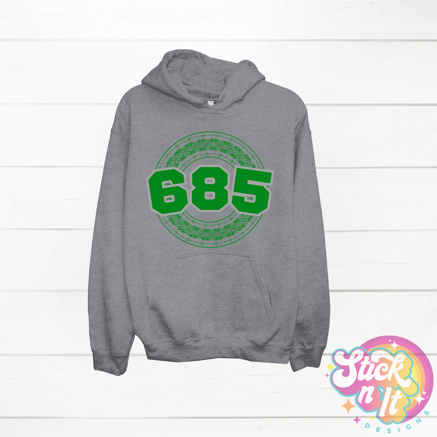 Grey hoodie featuring a Polynesian Samoa design with area code 685 in  green.