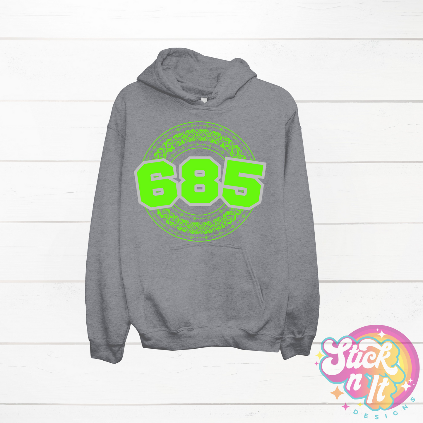 Grey hoodie featuring a Polynesian Samoa design with area code 685 in  lime.