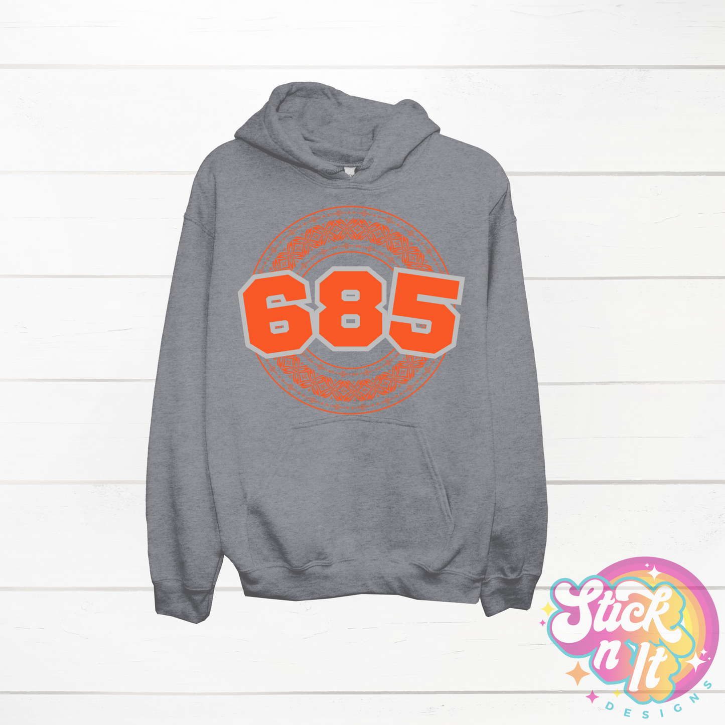 Grey hoodie featuring a Polynesian Samoa design with area code 685 in  orange.