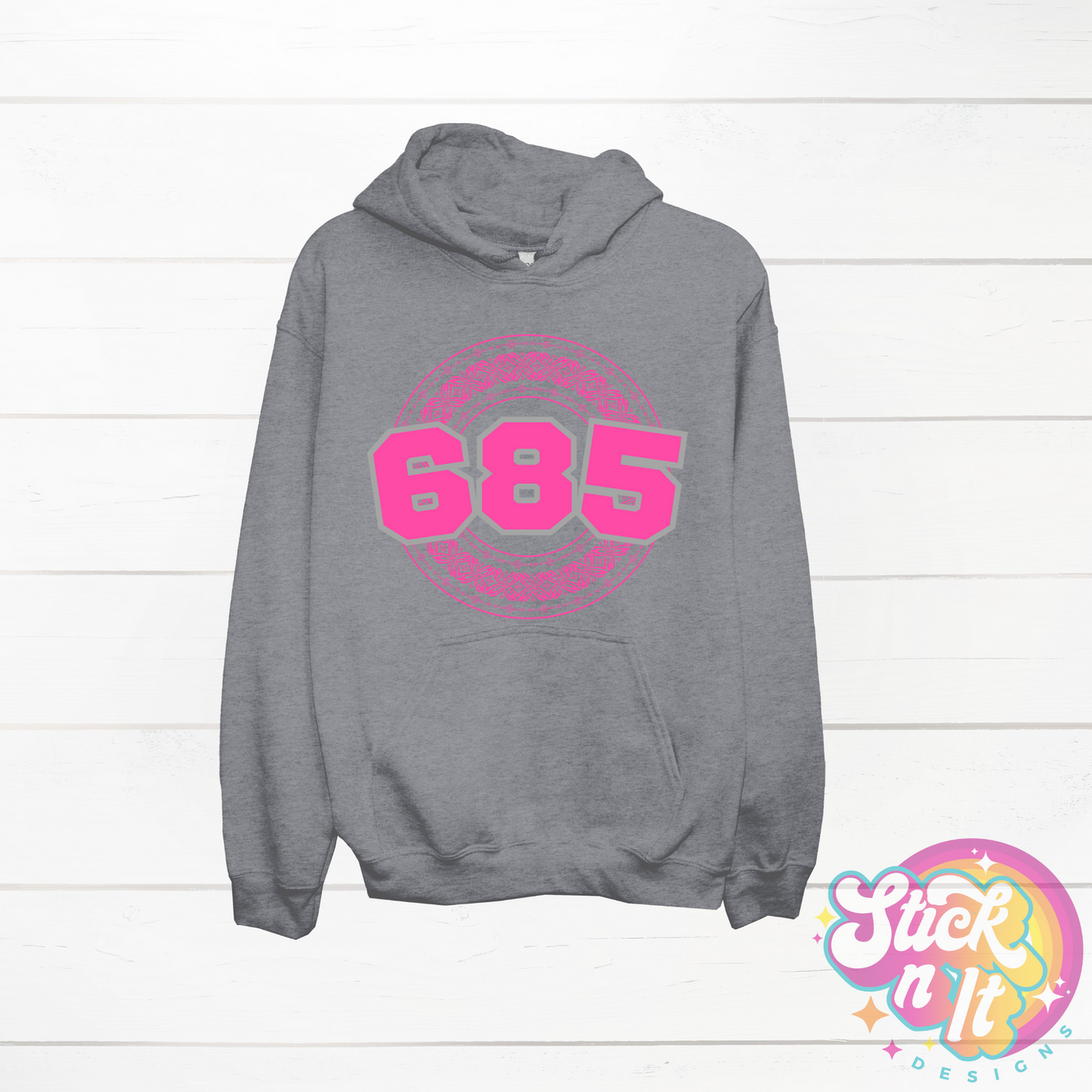 Grey hoodie featuring a Polynesian Samoa design with area code 685 in pink.