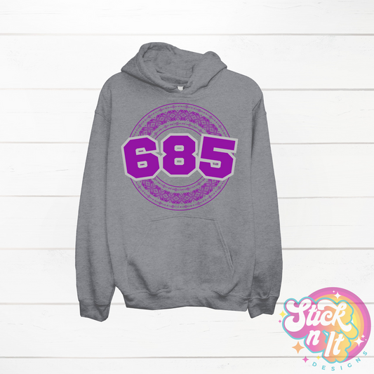 Grey hoodie featuring a Polynesian Samoa design with area code 685 in  purple.