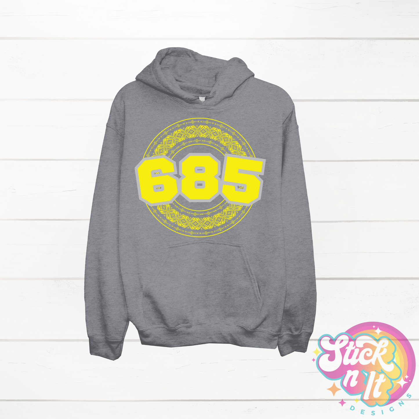 Grey hoodie featuring a Polynesian Samoa design with area code 685 in  yellow.