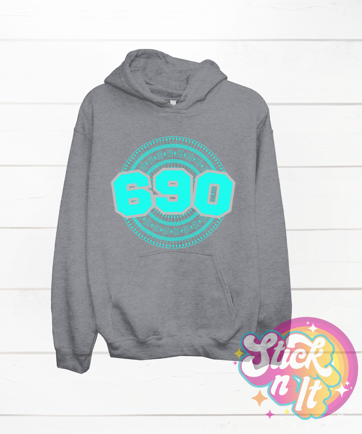 Grey hoodie featuring a Polynesian Tokelau design with area code 690 in aqua.