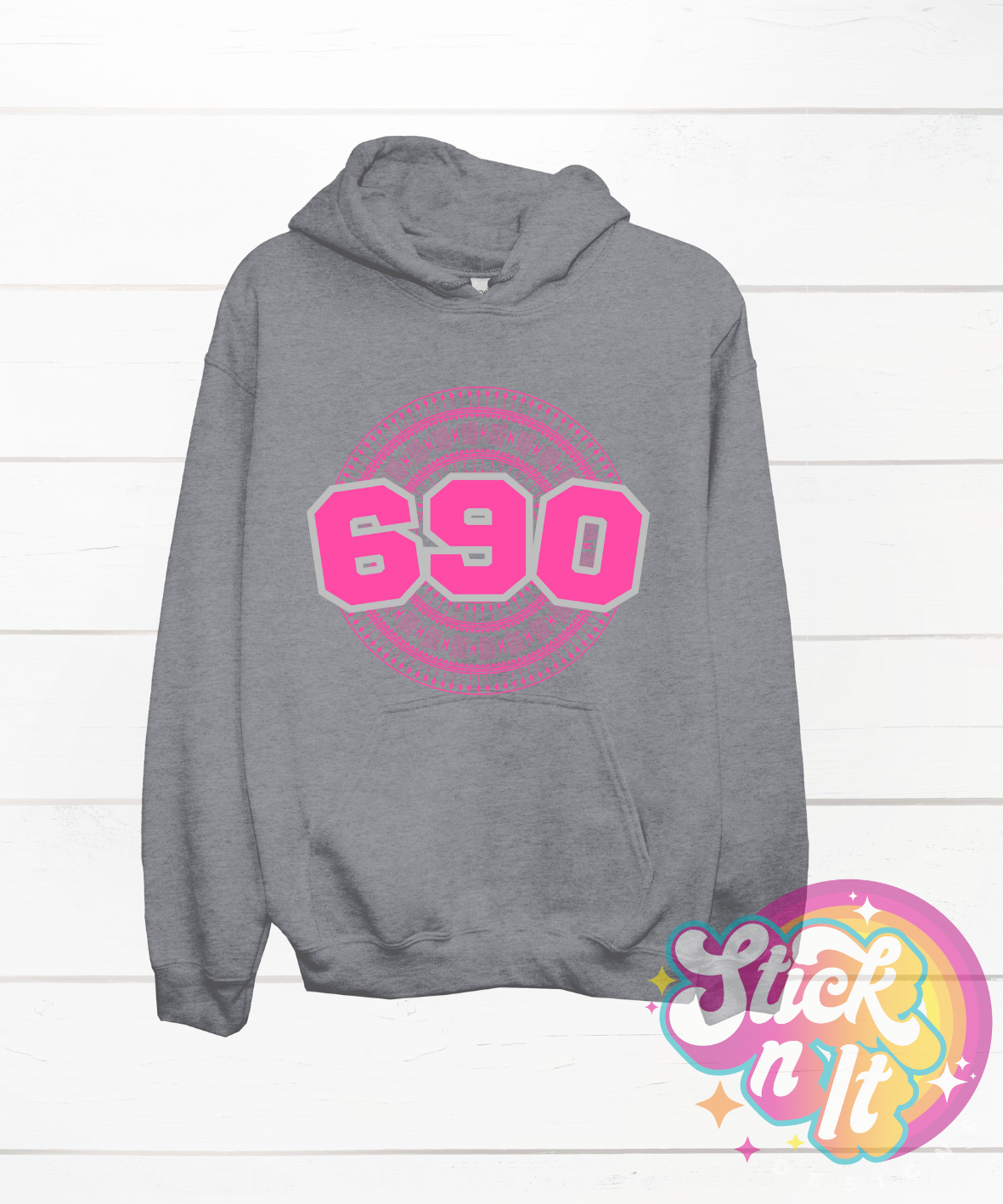 Grey hoodie featuring a Polynesian Tokelau design with area code 690 in pink.