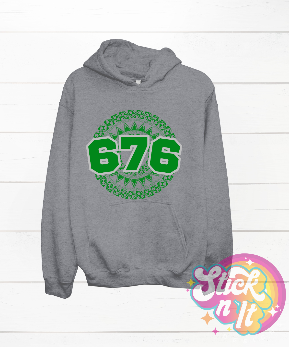 Unisex white hoodie featuring a Polynesian Tonga design with area code 676 in green