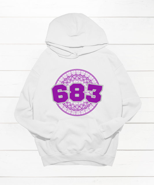 White hoodie featuring a Polynesian Niue design with area code 683 in purple.