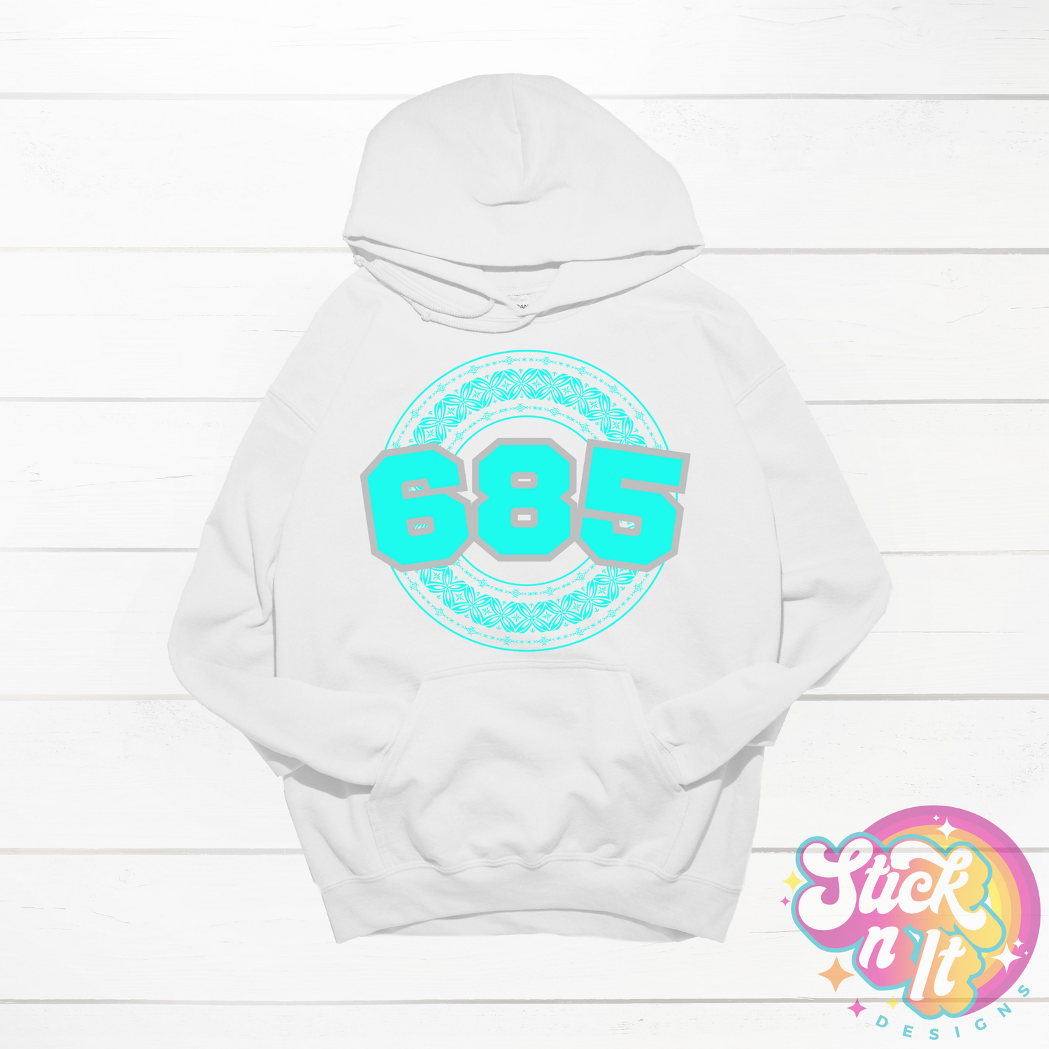 White hoodie featuring a Polynesian Samoa design with area code 685 in aqua.