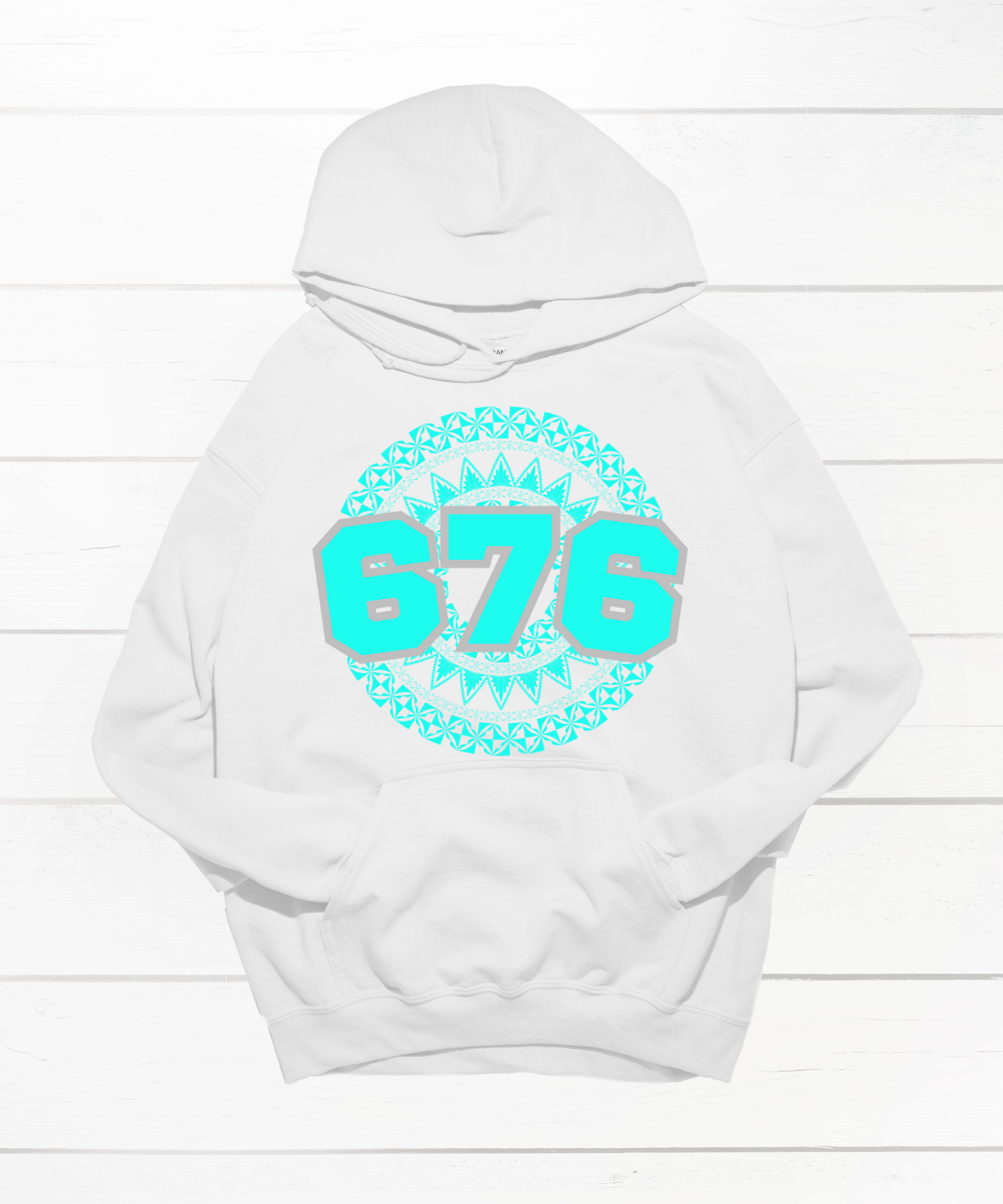 Unisex white hoodie featuring a Polynesian Tonga design with area code 676 in aqua