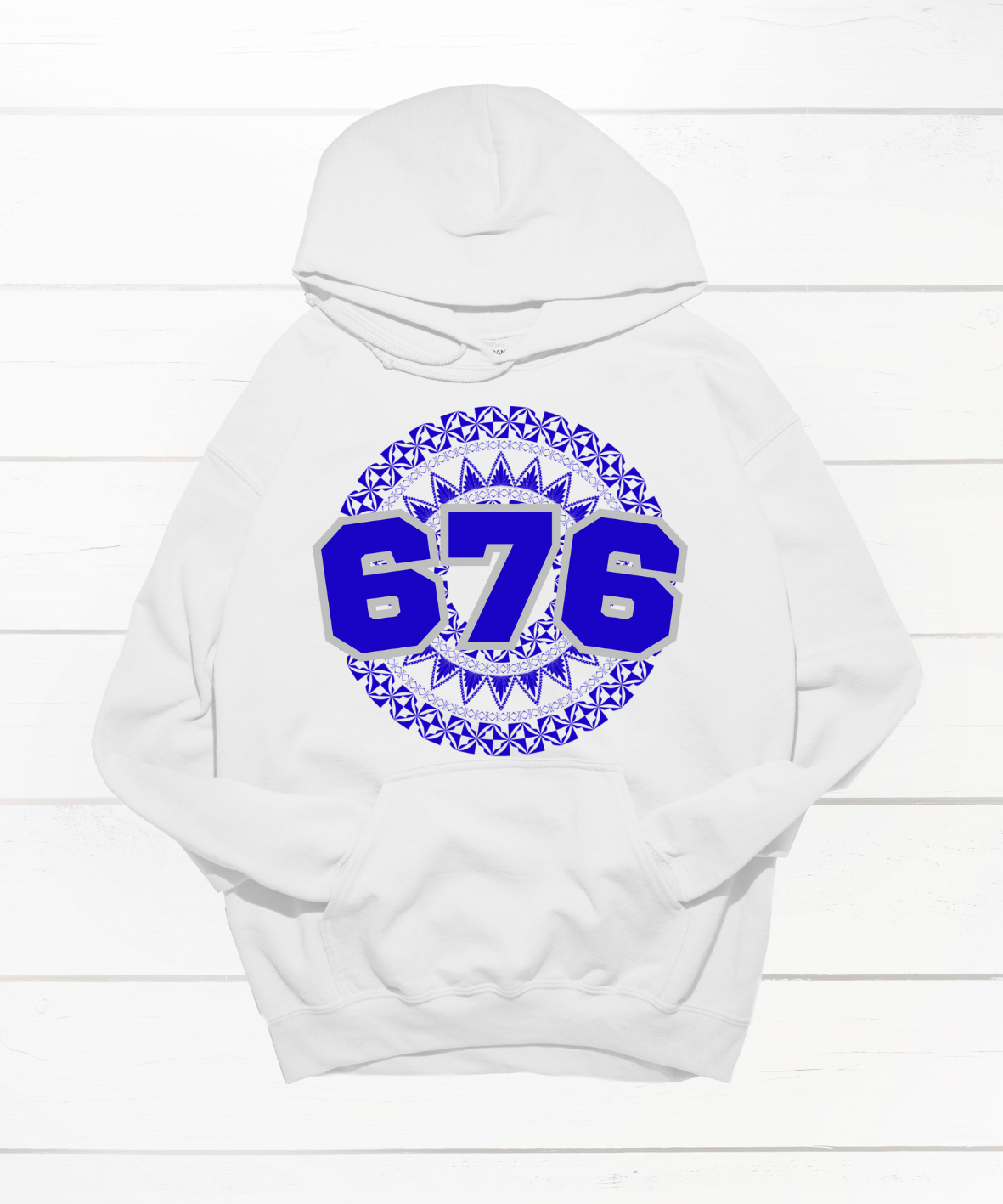 Unisex white hoodie featuring a Polynesian Tonga design with area code 676 in blue