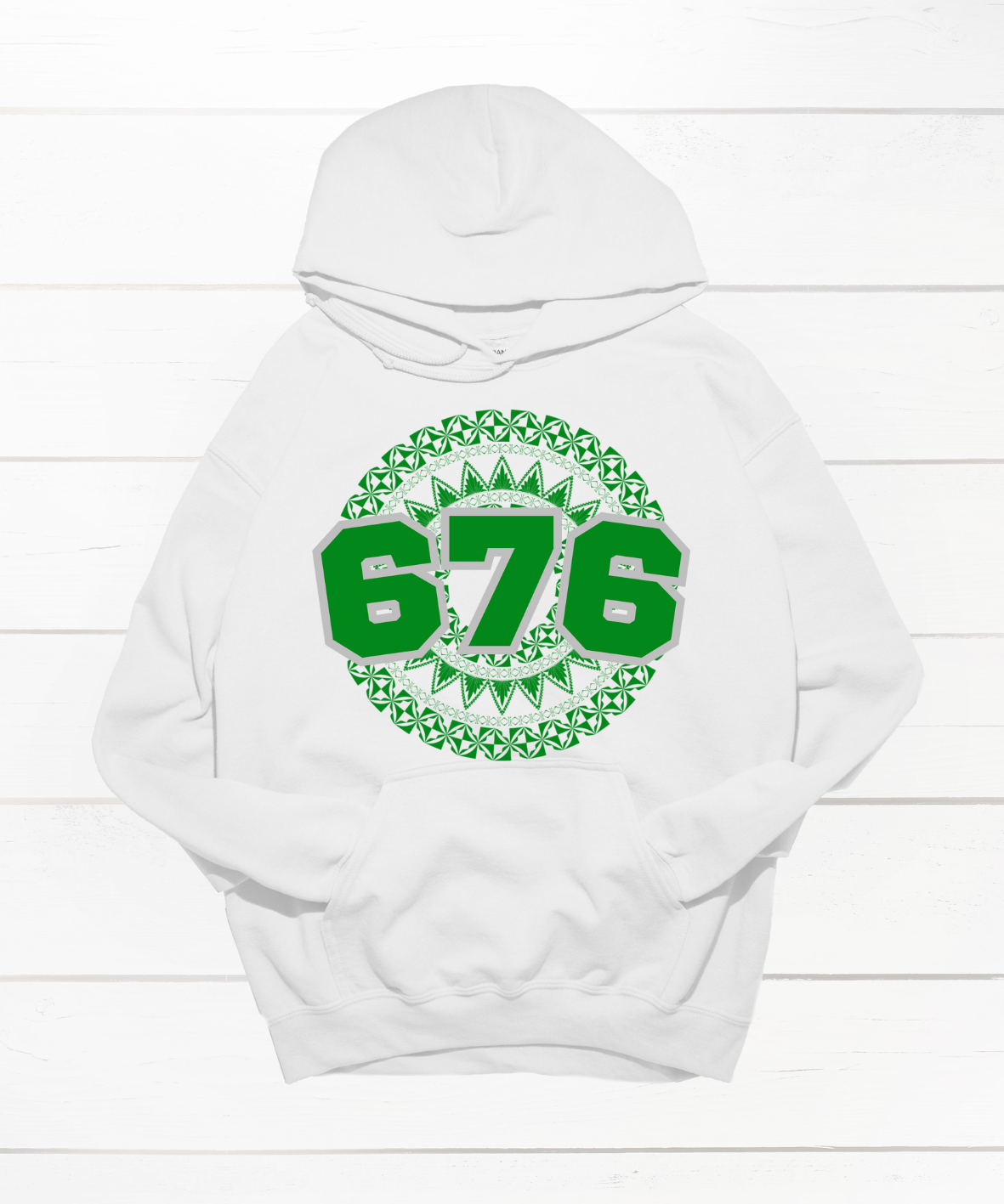 Unisex white hoodie featuring a Polynesian Tonga design with area code 676 in green