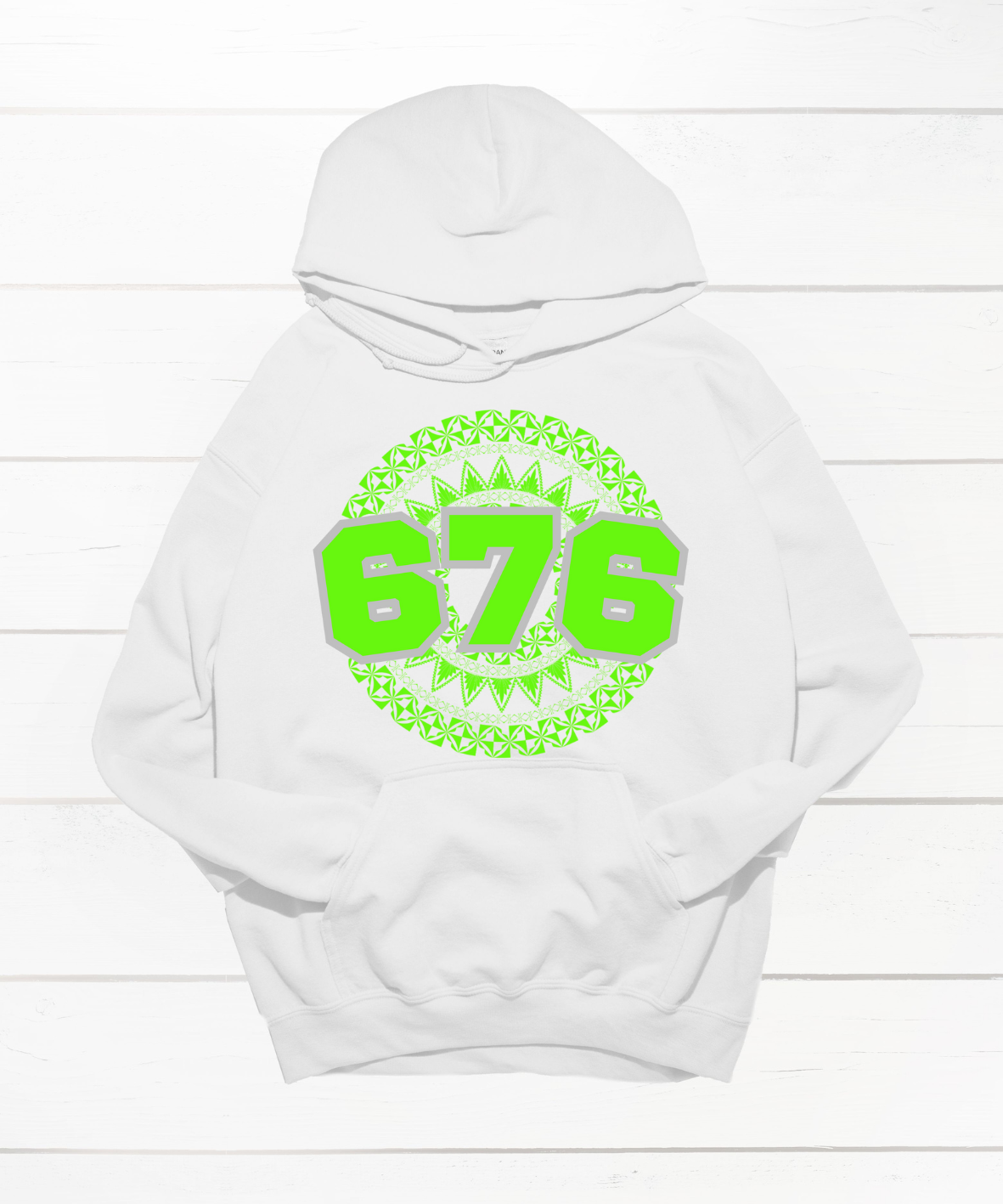 Unisex white hoodie featuring a Polynesian Tonga design with area code 676 in lime