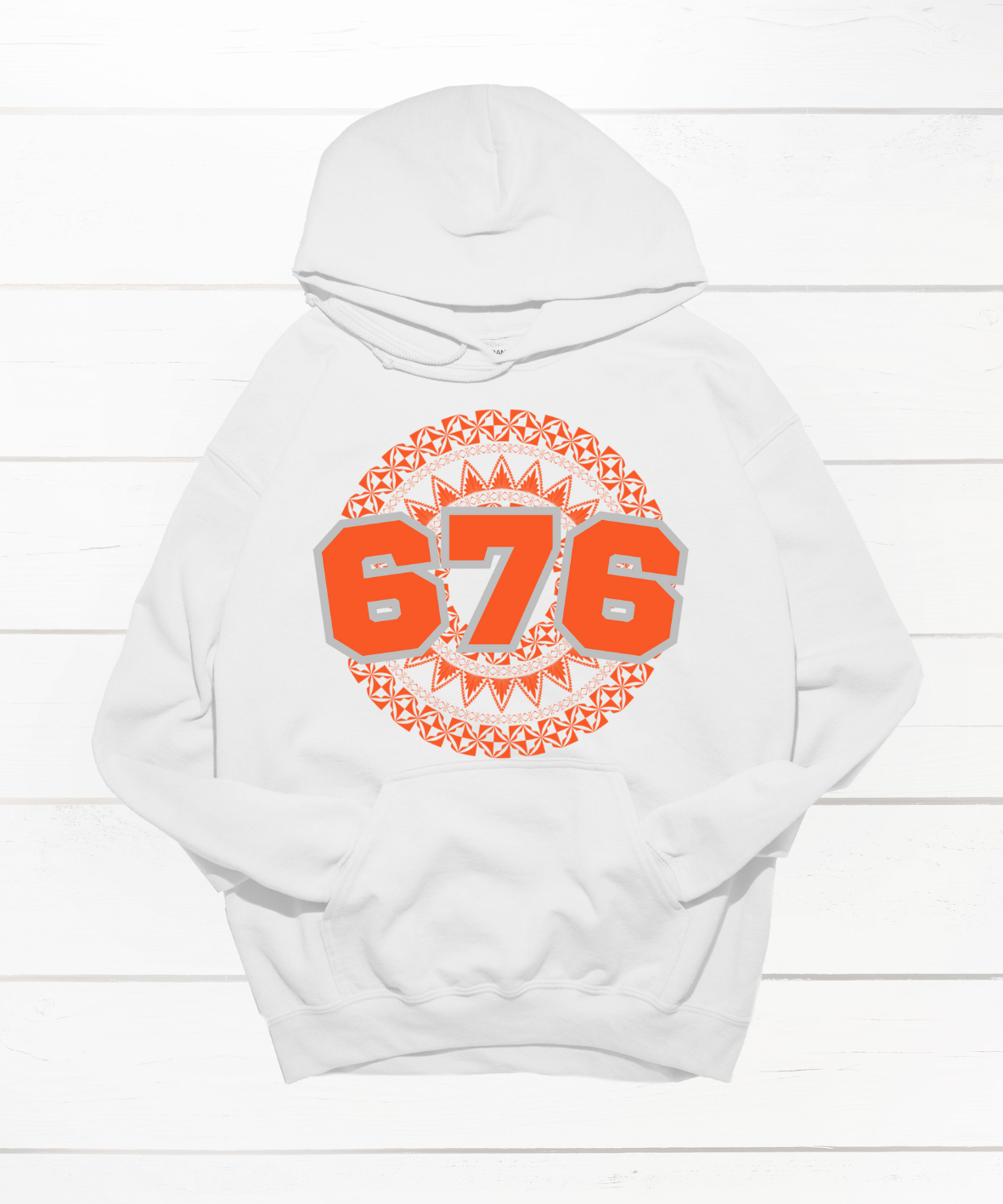 Unisex white hoodie featuring a Polynesian Tonga design with area code 676 in orange