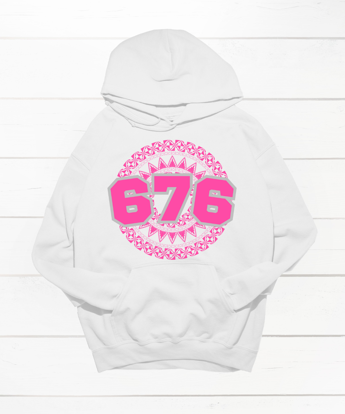 Unisex white hoodie featuring a Polynesian Tonga design with area code 676 in pink