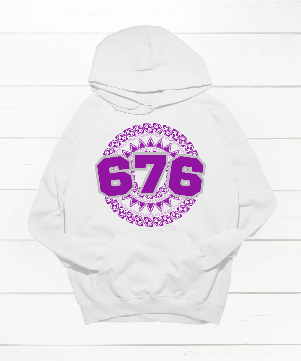 Unisex white hoodie featuring a Polynesian Tonga design with area code 676 in purple