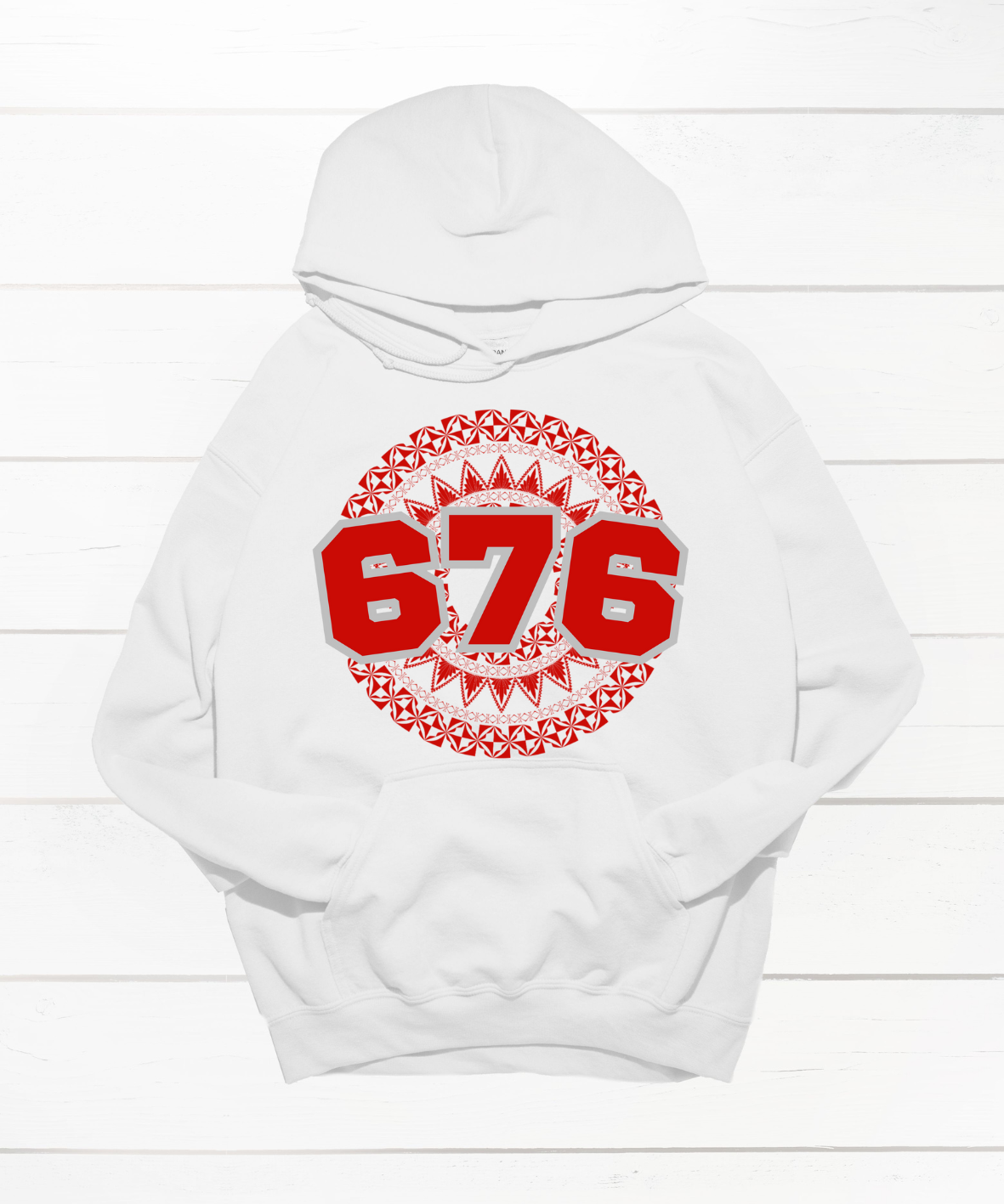 Unisex white hoodie featuring a Polynesian Tonga design with area code 676 in red
