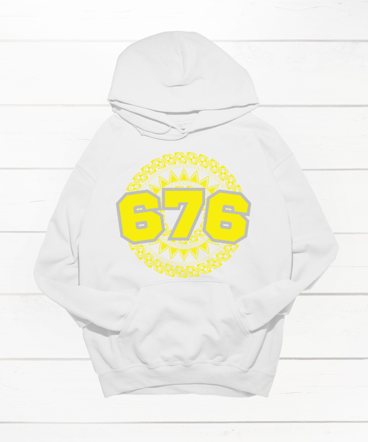 Unisex white hoodie featuring a Polynesian Tonga design with area code 676 in yellow