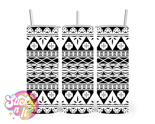 Insulated tumbler featuring Fijian Polynesian design in white and black