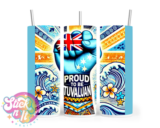 Stainless steel tumbler featuring a raised fist and quote Proud to be Tuvaluan on a blue background
