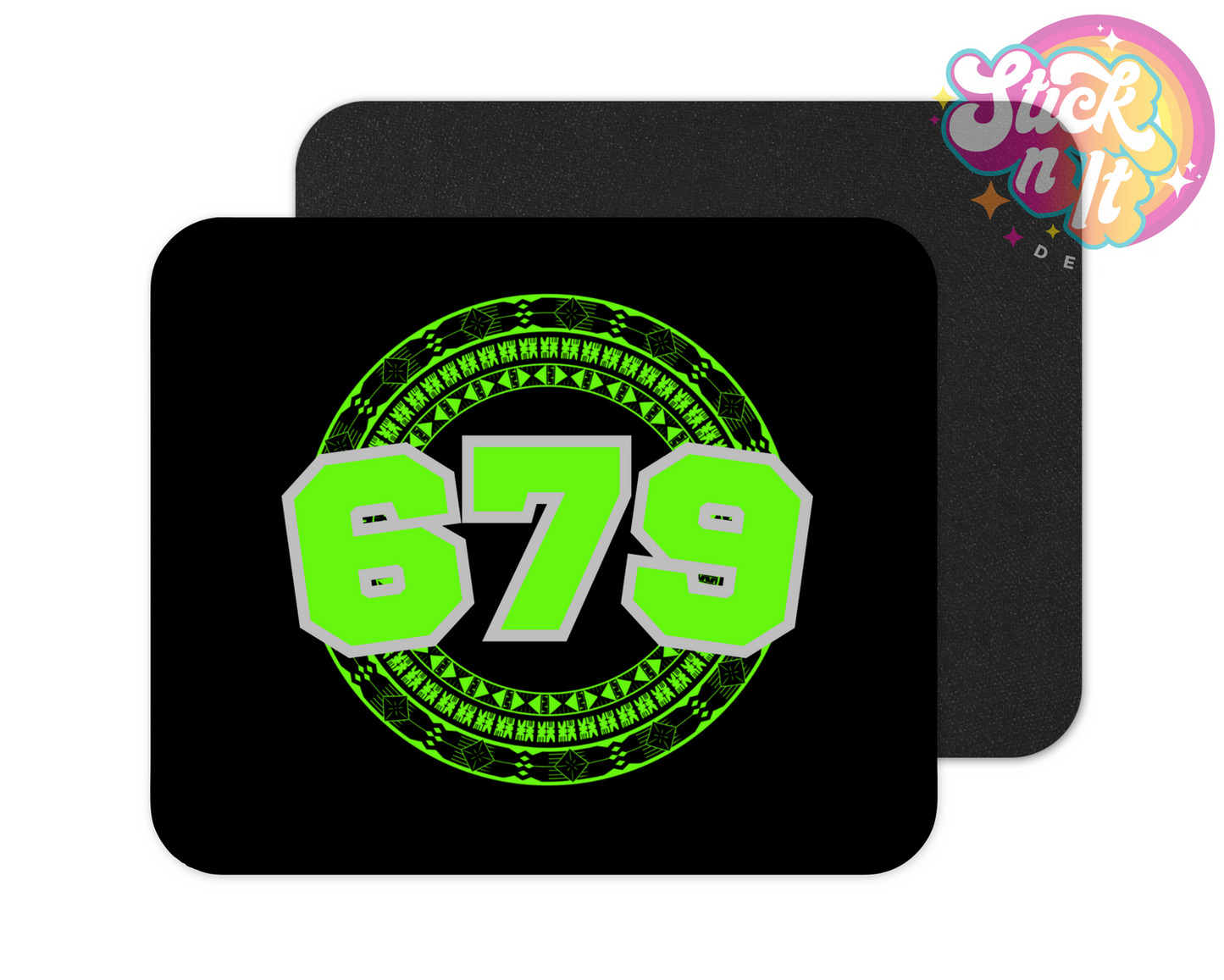 Mouse pad featuring a Pacific Islands Fiji design and area code 679 in lime