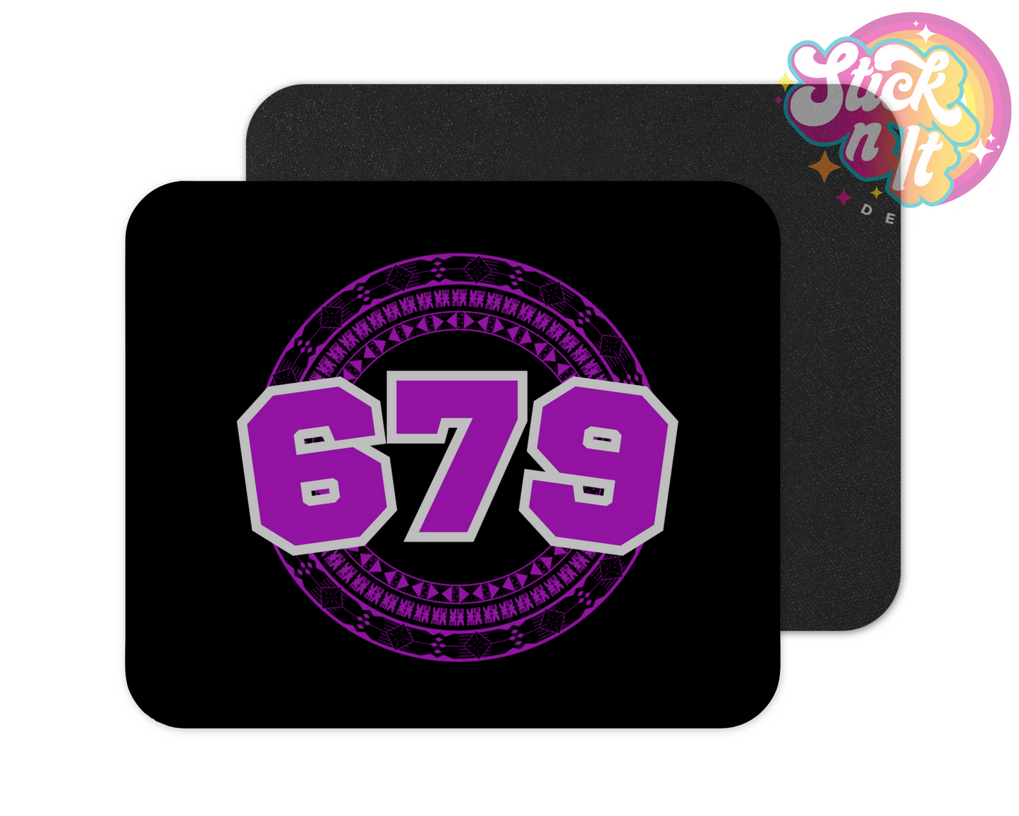 Mouse pad featuring a Pacific Islands Fiji design and area code 679 in purple