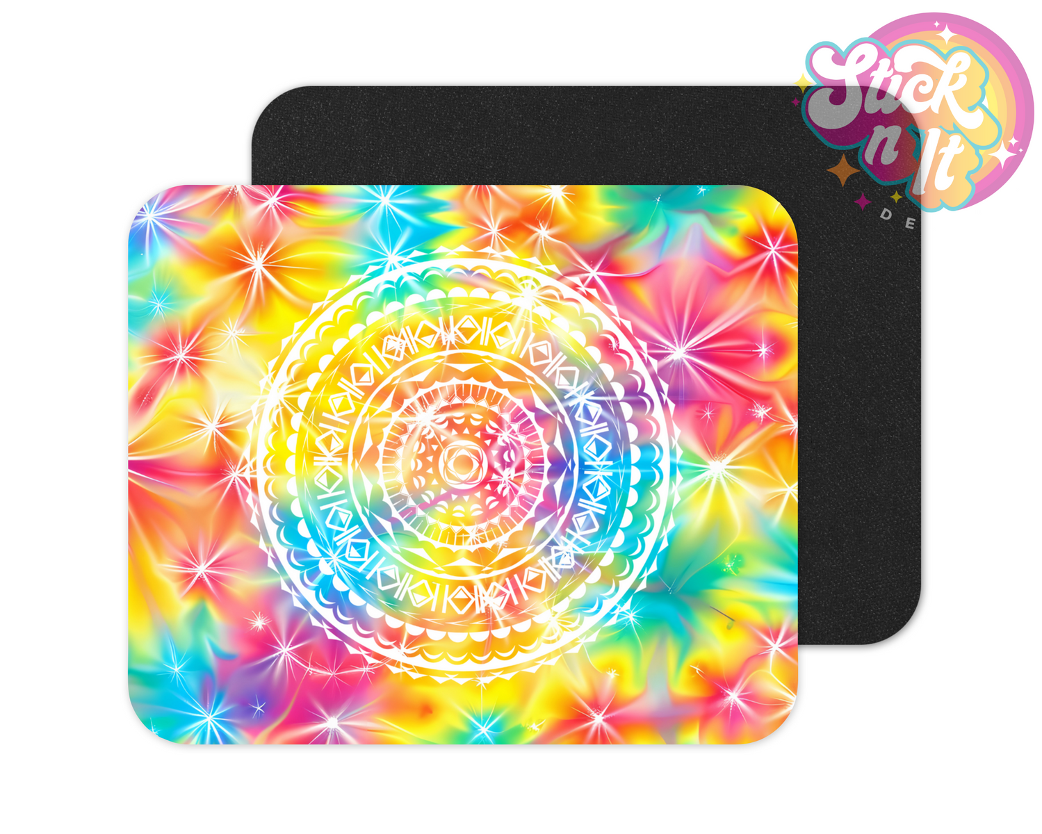 Mouse pad featuring a round white Polynesian Cook Islands design on a tie-dye back ground